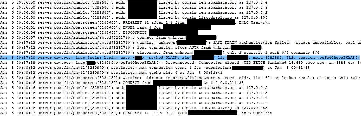 A snippet of the logs the server makes. The only relevant logs for us are marked with blue.